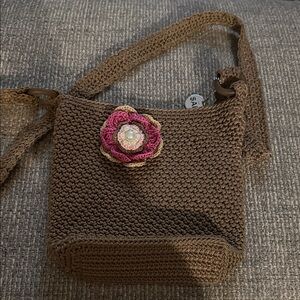 The Sak Brown Crochet Crossbody Bag with Pink Flower